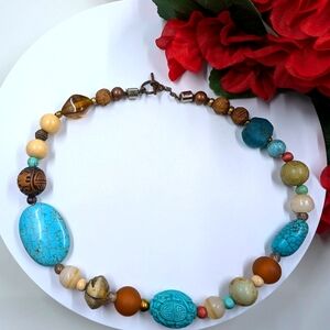 Genuine Carved Turquoise, Stone and Wood Vintage Toggle Closure Necklace